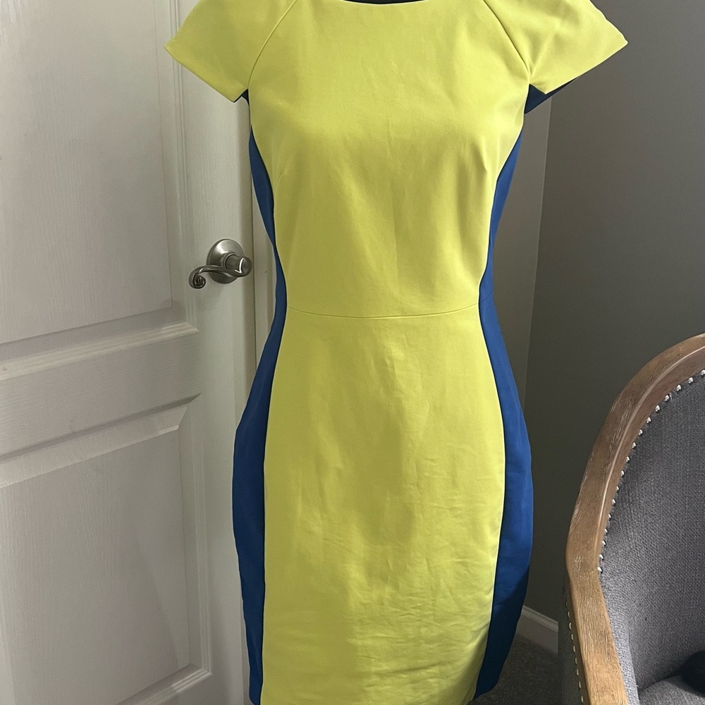 Badgley Mischka Vibrant Yellow and Blue Midi Dress